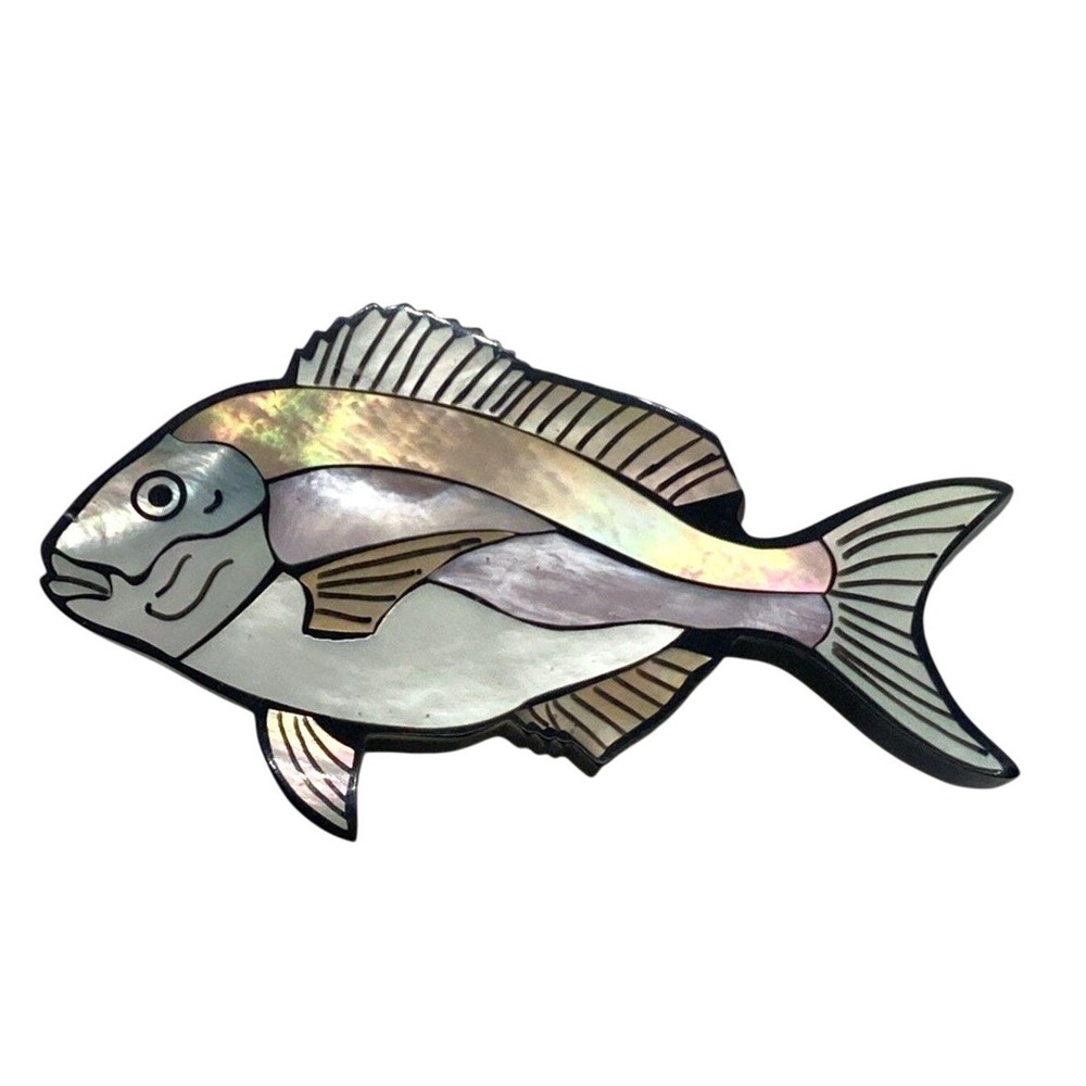Vintage Scup Porgy‎ Fish Mother of Pearl Inlay Pin Brooch Animal Nature Wildlife